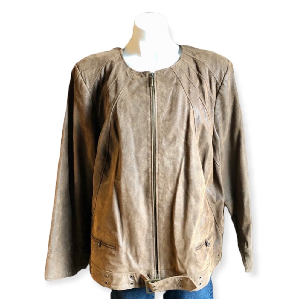 BRADLEY BAYOU Brown Leather Jacket Moto Zip Up Belt Hem Womens Size 2X